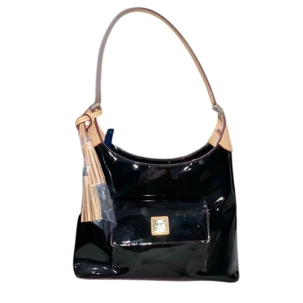 NWT Dooney & Bourke Black Patent Leather Hobo Style Bag Tan Trim Gold Hardware